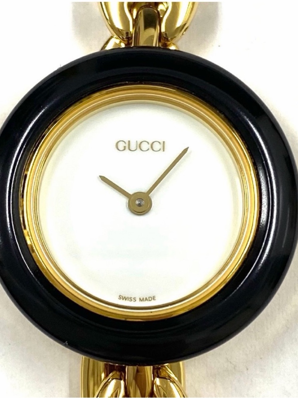 Gucci Gold Bracelet Watch with Interchangeable Bezels in Black, Red, Blue, Green - Picture 2 of 7